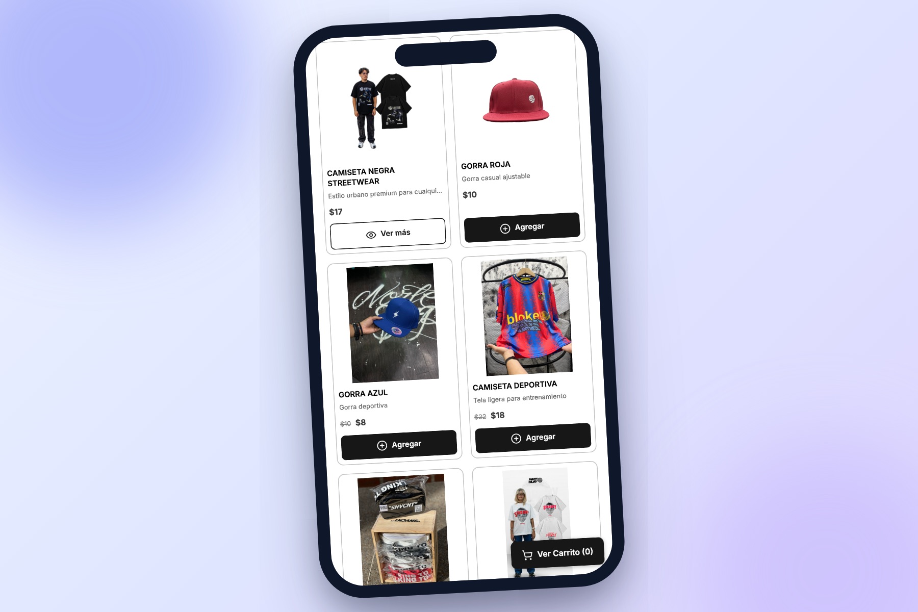 Catálogo digital abierto en un teléfono con productos, precios y botón de agregar